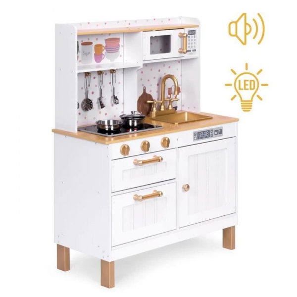 MeowBaby Montessori Holzspielküche für Kinder mit Sound und LED - weiß/gold