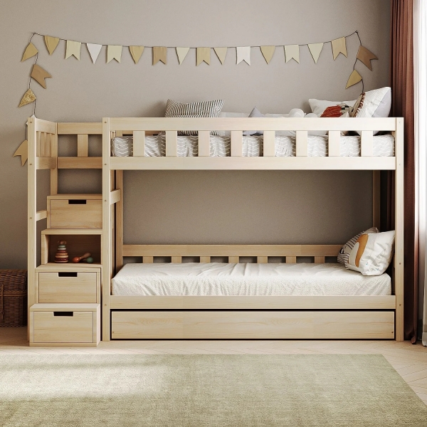 BusyKids Etagenbett TOTO-TWIN MAX mit Leiter links und Stauraum 200 x 90 cm - transparentes Öl