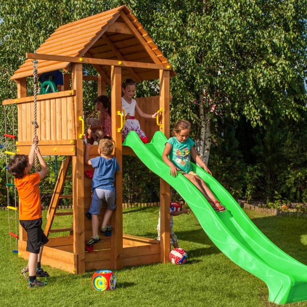 FUNGOO Fortress Spielturm mit Rutsche, Kletterwand und Sandkasten