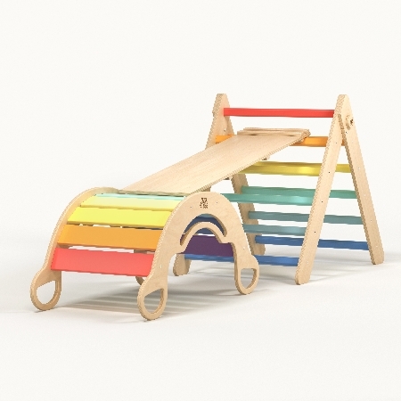 BusyKids Set - Pikler-Dreieck, doppelseitiges Brett &amp; Balancewippe - Regenbogenfarben