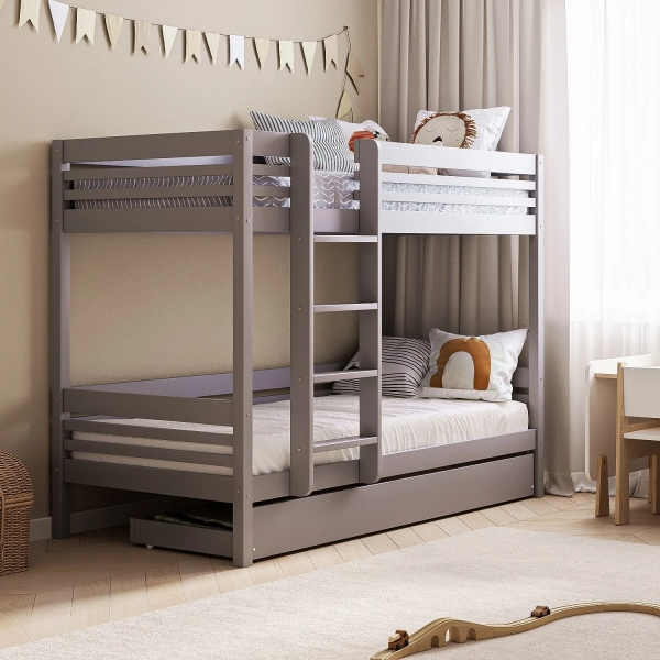 BusyKids Etagenbett TORI-MAX mit Leiter links 200 x 90 cm mit Aufbewahrungsschublade - Grau