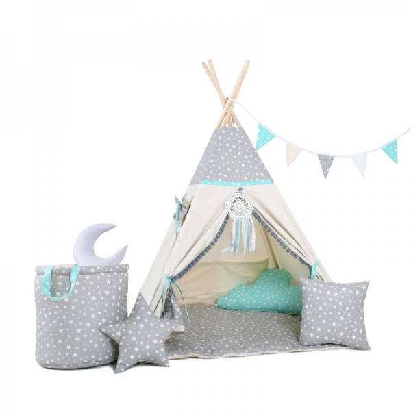 Design4Kids Tipi-Zelt XXL-Set Mint Star - beige