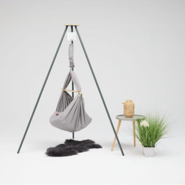 LIBAMARA Federwiege mit Motor, Kunstfasermatratze &amp; Gestell TriPod anthrazit - lichtgrau