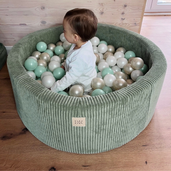 Design4Kids Bällebad Jewel 90x30cm Cord classic olive mit 200 Bällen - pearl, mintpearl, gold