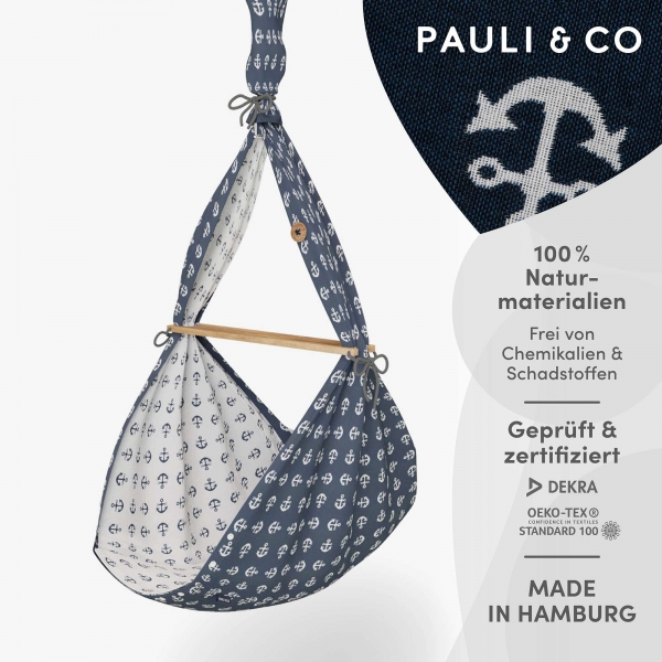 PAULI &amp; CO Premium Federwiege Baby Anker mit Deckenbefestigung | Schurwoll-Matratze | blau