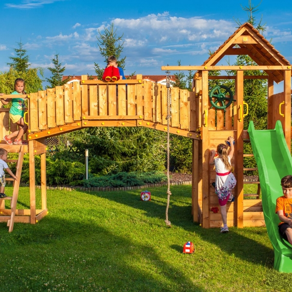 FUNGOO Fortress TipTop Rainbow - Klettergerüst mit Brücke und Rutsche