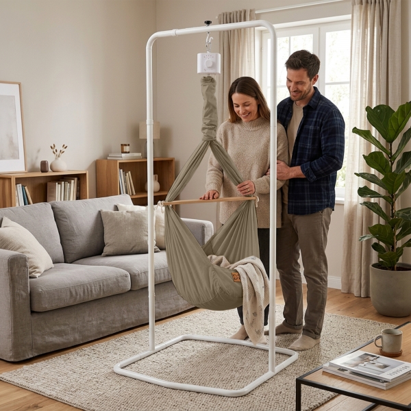 Design4Kids Federwiege Baby Classic, Bio-Baumwolle mit Motor & Komfort-Gestell weiß - taupe