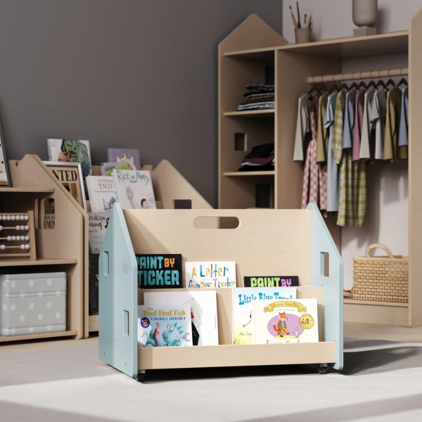 BusyKids Montessori doppelseitiges Bücherregal für Kinder - zart blau
