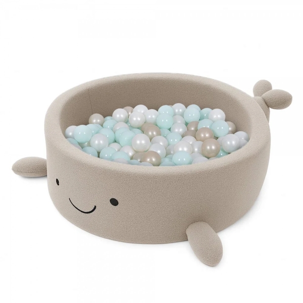 MeowBaby Bällebad kleiner Wal Bouclé Oat Biscuit Beige, 200 Bälle - eigene Farbauswahl