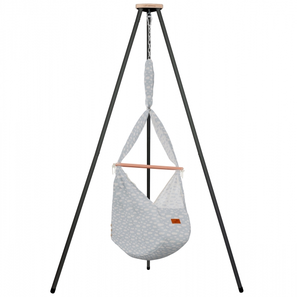 SCHMUSEWOLKE Federwiegen-Set mit Schafwoll-Matratze &amp; Gestell TIPI anthrazit - Clouds BabyBlue