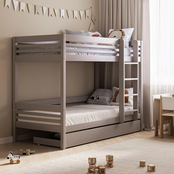 BusyKids Etagenbett TORI-MAX mit Leiter rechts 200 x 90 cm mit Aufbewahrungsschublade - Grau