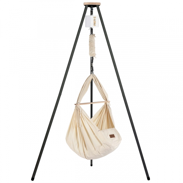 SCHMUSEWOLKE Federwiege mit Motor, Schafwoll-Matratze &amp; Gestell TIPI anthrazit - Bio