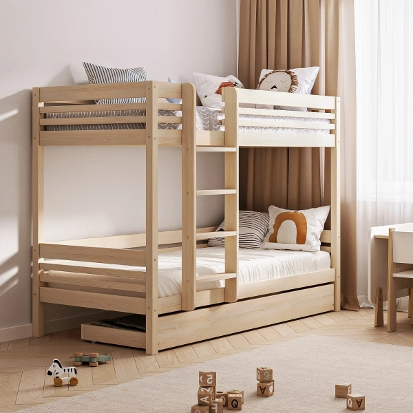 BusyKids Etagenbett TORI-MAX mit Leiter links 200 x 90 cm mit Aufbewahrungsschublade - Unlackiert
