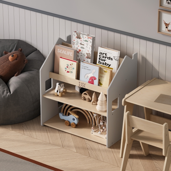 Design4Kids Montessori 2-in-1 Bücherregal für Kinder - natur/hellgrau