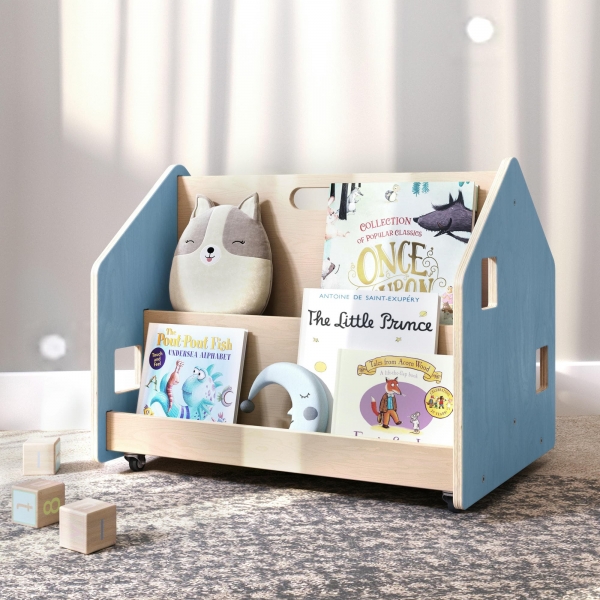 BusyKids Montessori doppelseitiges Bücherregal mit Rädern - zart blau