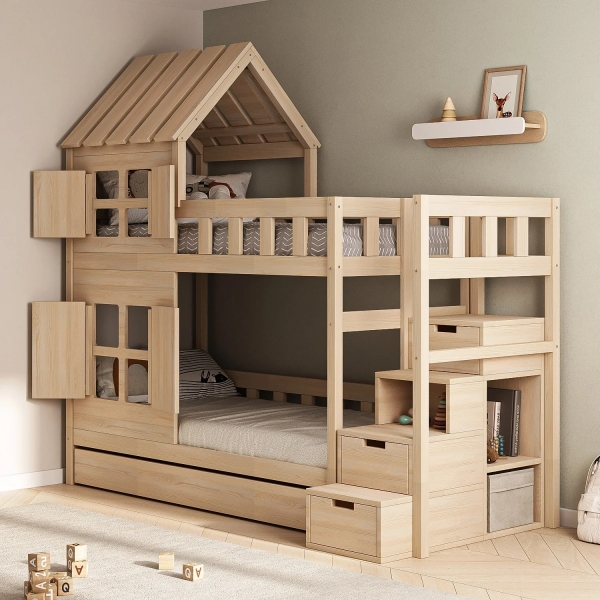 BusyKids Etagenbett DREAM-HOUSE mit Treppe rechts und Stauraum 200 x 90 cm - Natur