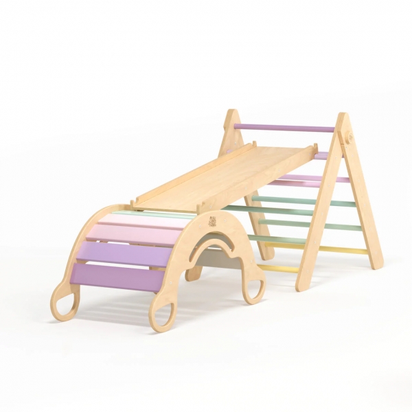 BusyKids Set - Pikler-Dreieck, doppelseitiges Brett &amp; Balancewippe - Pastellfarben