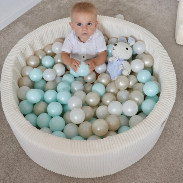 Design4Kids Bällebad Jewel 90x30cm Cord almond beige mit 200 Bällen - pearl, mintpearl, gold