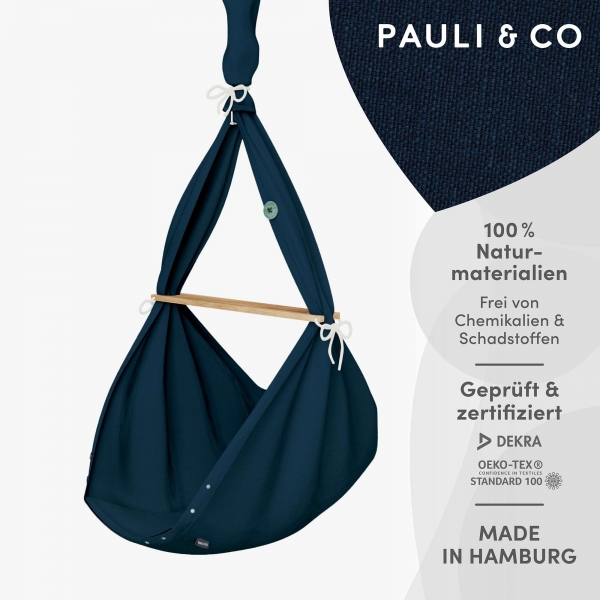 PAULI &amp; CO Premium Federwiege Baby Natur Deckenbefestigung | Schurwoll-Matratze | blau