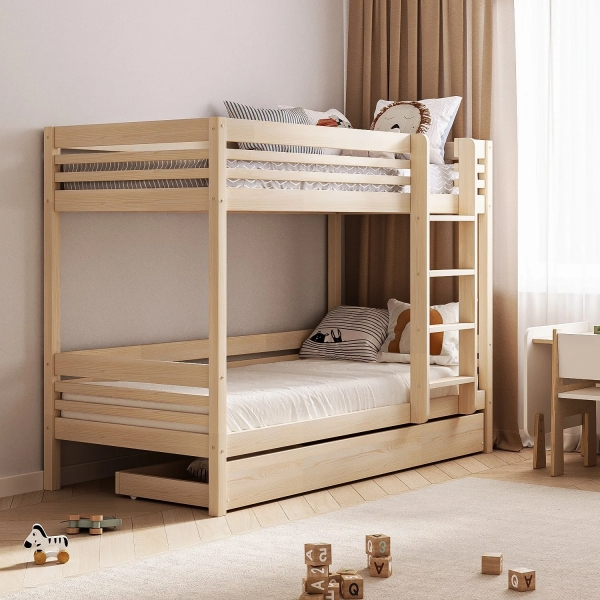BusyKids Etagenbett TORI-MAX mit Leiter rechts 200 x 90 cm mit Aufbewahrungsschublade - Unlackiert