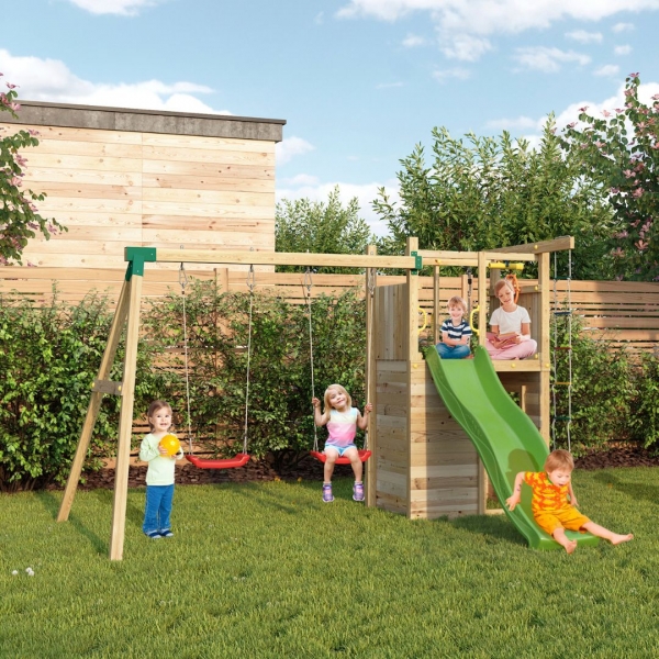 FUNGOO Houser Spielturm - Klettergerüst mit Kletterwand, Rutsche und Schaukel