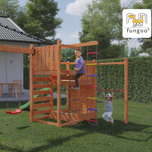 FUNGOO Climbing Star3 Spielturm - Klettergerüst mit Rutsche, Schaukel & Sandkasten