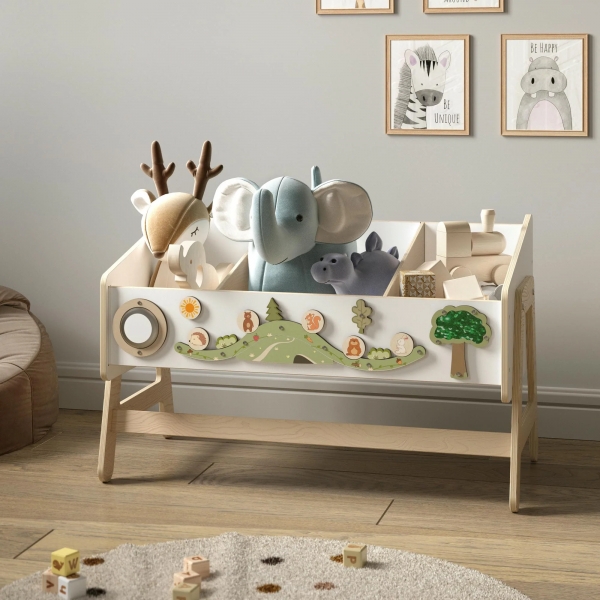 BusyKids Montessori 2-in1 Spielzeugregal mit Regal und Tisch LILU - weiß