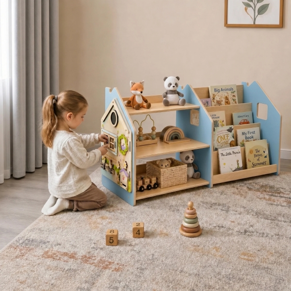 BusyKids Montessori Set Bücherregal & Spielzeugregal für Kinder - Himmelblau