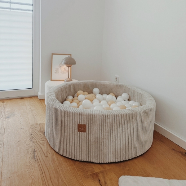 MeowBaby Bällebad Ästhetik Cord 90x30cm ecru/beige mit 200 Bällen zum selber Gestalten