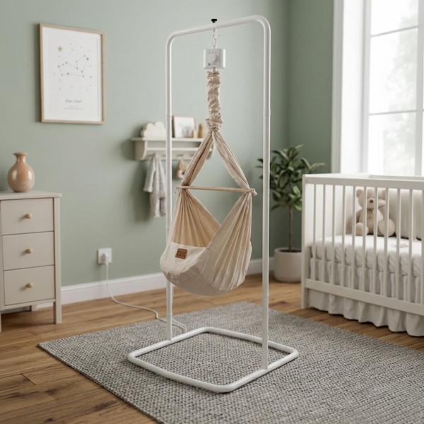 Design4Kids Federwiege Baby Classic, Bio-Baumwolle mit Motor & Komfort-Gestell weiß - natur