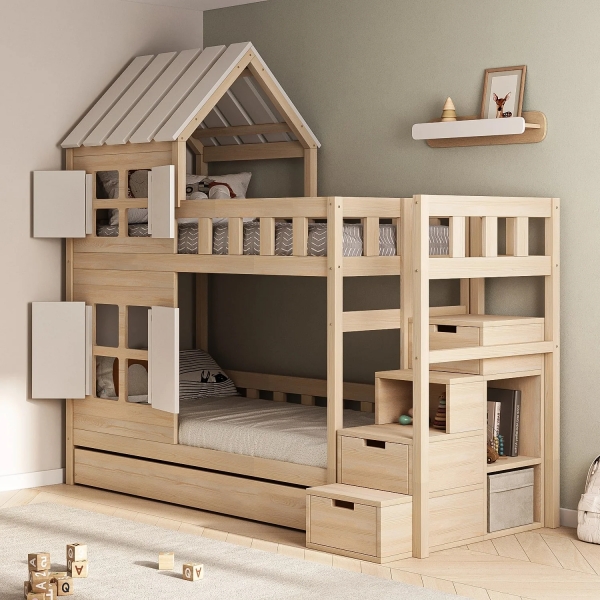 BusyKids Etagenbett DREAM-HOUSE mit Treppe rechts und Stauraum 200 x 90 cm - Weiße Elemente
