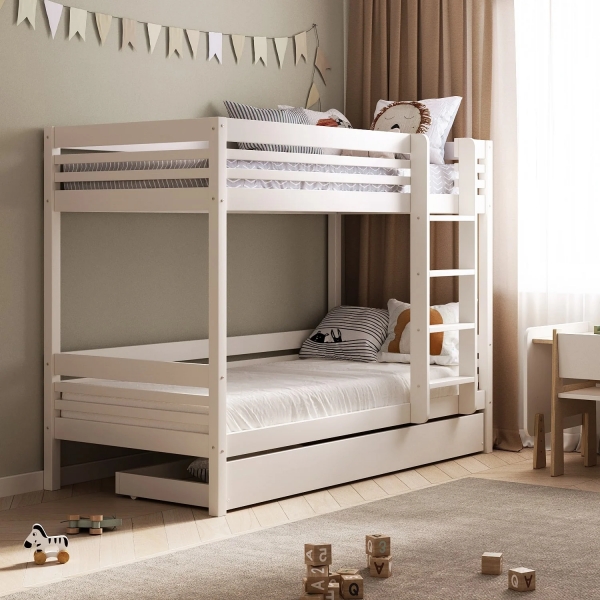 BusyKids Etagenbett TORI-MAX mit Leiter rechts 200 x 90 cm mit Aufbewahrungsschublade - Weiß