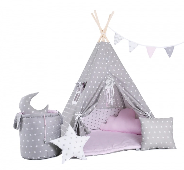 Design4Kids Tipi-Zelt XXL-Set Pink Dust - grau
