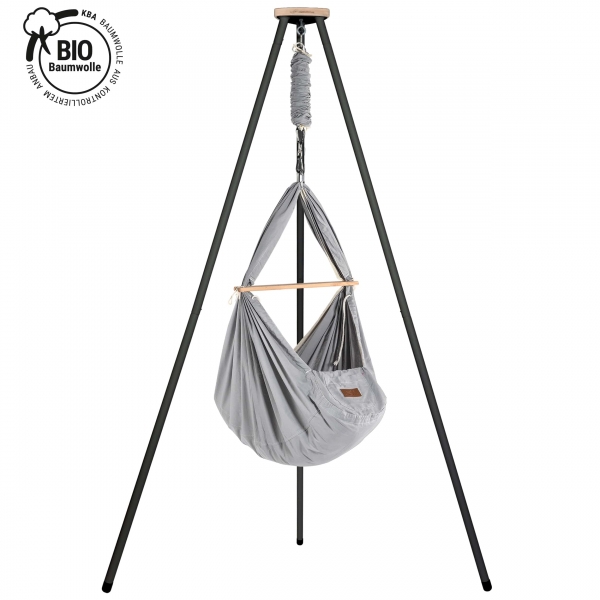 SCHMUSEWOLKE Federwiegen-Set mit Kunstfasermatratze &amp; Gestell TIPI anthrazit - Bio Grey