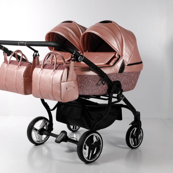 JUNAMA Zwillingskinderwagen Glitter Duo 02 - pastellrosa/schwarz