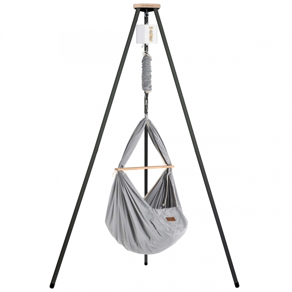 SCHMUSEWOLKE Federwiege mit Motor, Schafwoll-Matratze &amp; Gestell TIPI anthrazit - Bio grey