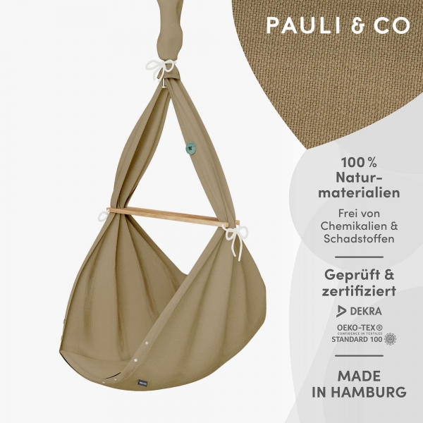 PAULI &amp; CO Premium Federwiege Baby Natur mit Deckenbefestigung | Schurwoll-Matratze | sand