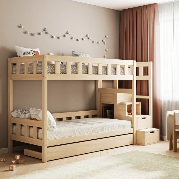 BusyKids Etagenbett TOTO-TWIN MAX mit Leiter rechts und Stauraum 200 x 90 cm - unlackiert