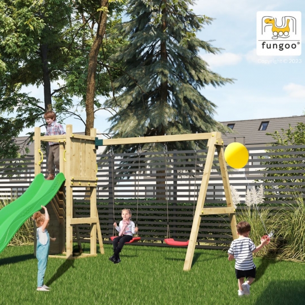 FUNGOO FUNNY3 Spielturm - Klettergerüst mit doppelter Schaukel