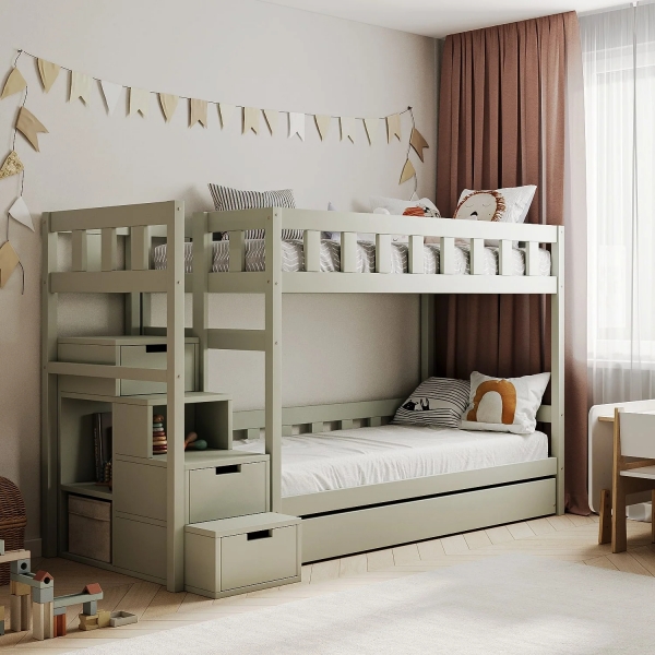 BusyKids Etagenbett TOTO-TWIN MAX mit Leiter links und Stauraum 200 x 90 cm - Salbeigrün