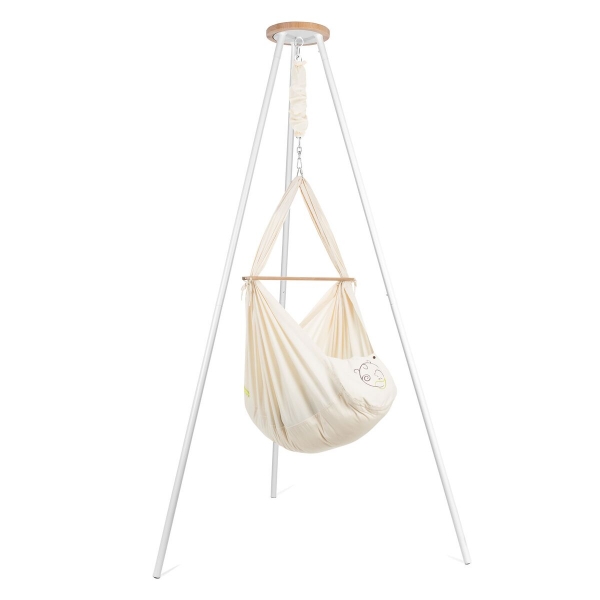 NONOMO Federwiegen-Set Baby Classic mit Kunstfaser-Matratze &amp; Gestell TIPI weiß - natur