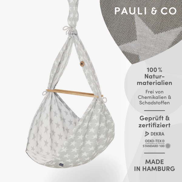 PAULI &amp; CO Premium Federwiege Baby Sterne mit Deckenbefestigung | Kapok-Matratze | grau
