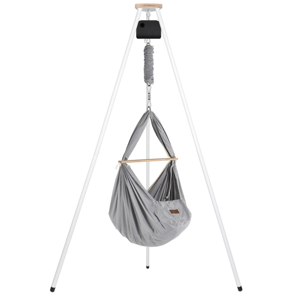 SCHMUSEWOLKE Federwiege mit Motor Anthrazit, Schafwoll-Matratze und TIPI weiß - Bio Grey