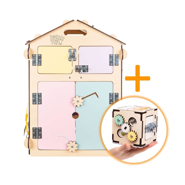 BusyKids Set - BusyBoard Spielhaus natura/pastell und kreativer Würfel