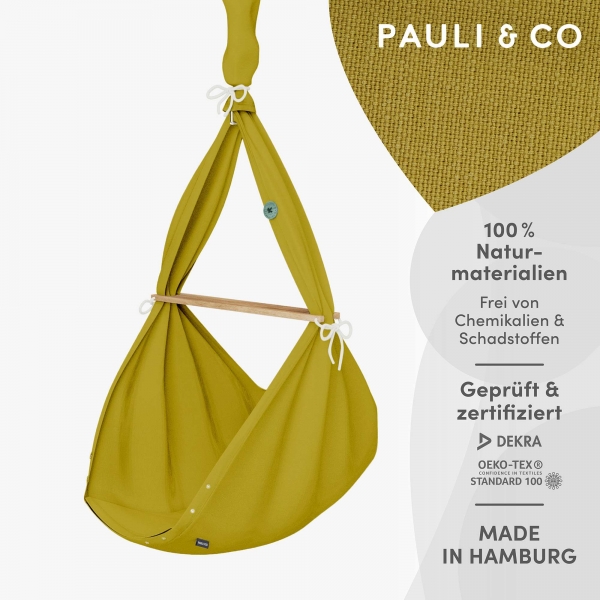 PAULI &amp; CO Premium Federwiege Baby Natur mit Deckenbefestigung | Schurwoll-Matratze | moos