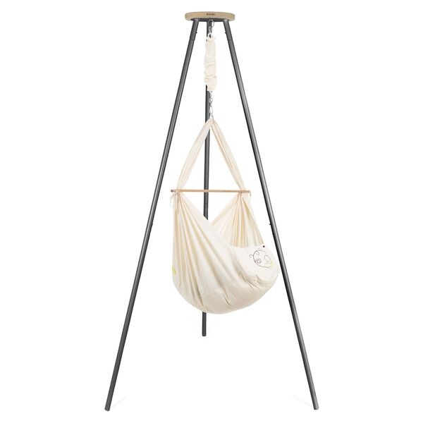 NONOMO Federwiegen-Set Baby Classic mit Kunstfaser-Matratze &amp; Gestell TIPI anthrazit - natur