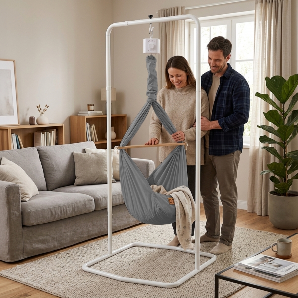 Design4Kids Federwiege Baby Classic, Bio-Baumwolle mit Motor & Komfort-Gestell weiß - grau