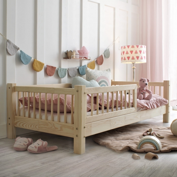 LULETTO Kinderbett Basic mit sprossenschiene 160x80 cm Naturholz (Füsse 10 cm)