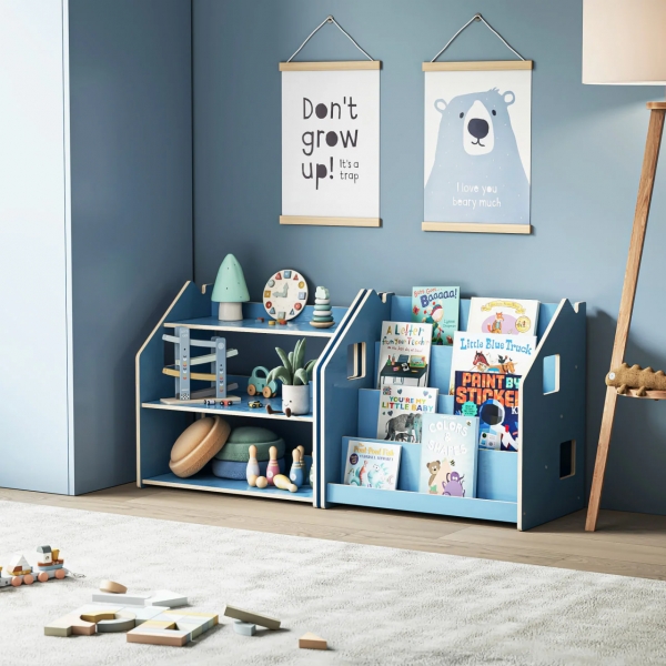 BusyKids Montessori Set Bücherregal & Spielzeugregal für Kinder - Himmelblau