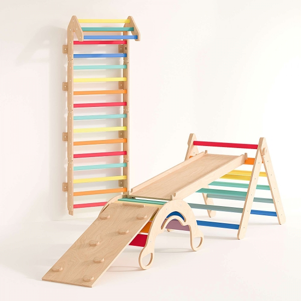BusyKids Maxi Set - Sprossenwand, Pikler Dreieck, 2 Rutschen &amp; Balancewippe - Regenbogen
